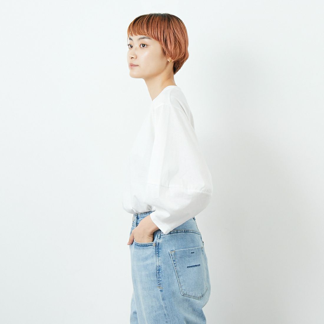 Jf Ready Made [ジェイエフレディメイド] シルケット天竺ボリュームスリーブTシャツ [3104110] 101 ﾎﾜｲﾄ &&モデル身長：160cm 着用サイズ：F&&