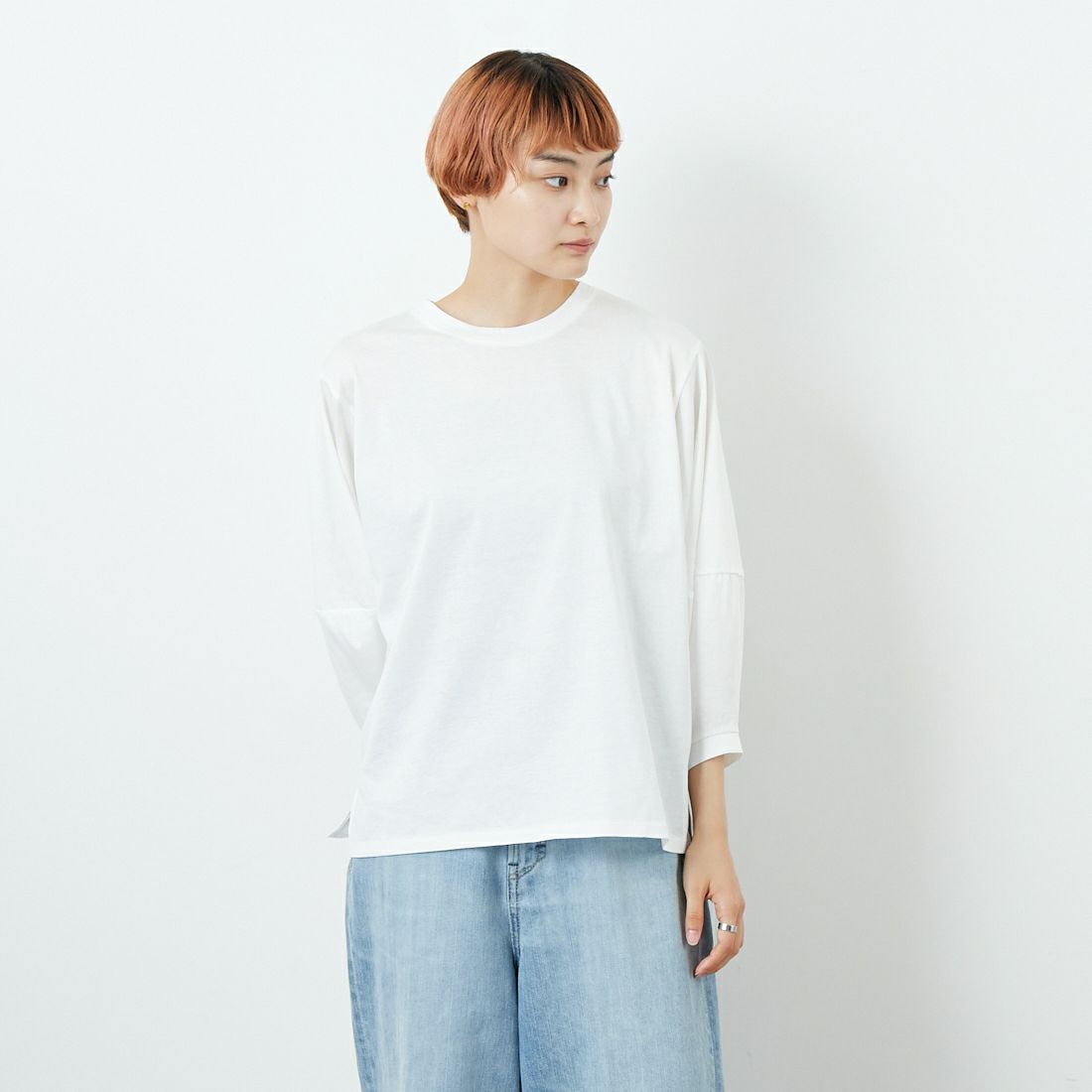 Jf Ready Made [ジェイエフレディメイド] シルケット天竺ボリュームスリーブTシャツ [3104110] 101 ﾎﾜｲﾄ &&モデル身長：160cm 着用サイズ：F&&