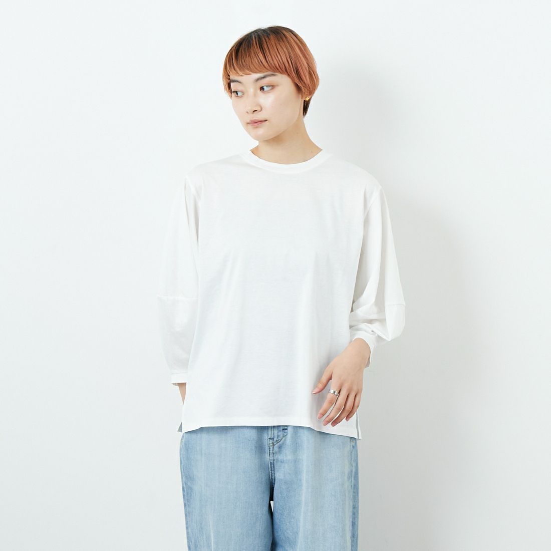 Jf Ready Made [ジェイエフレディメイド] シルケット天竺ボリュームスリーブTシャツ [3104110] 101 ﾎﾜｲﾄ &&モデル身長：160cm 着用サイズ：F&&