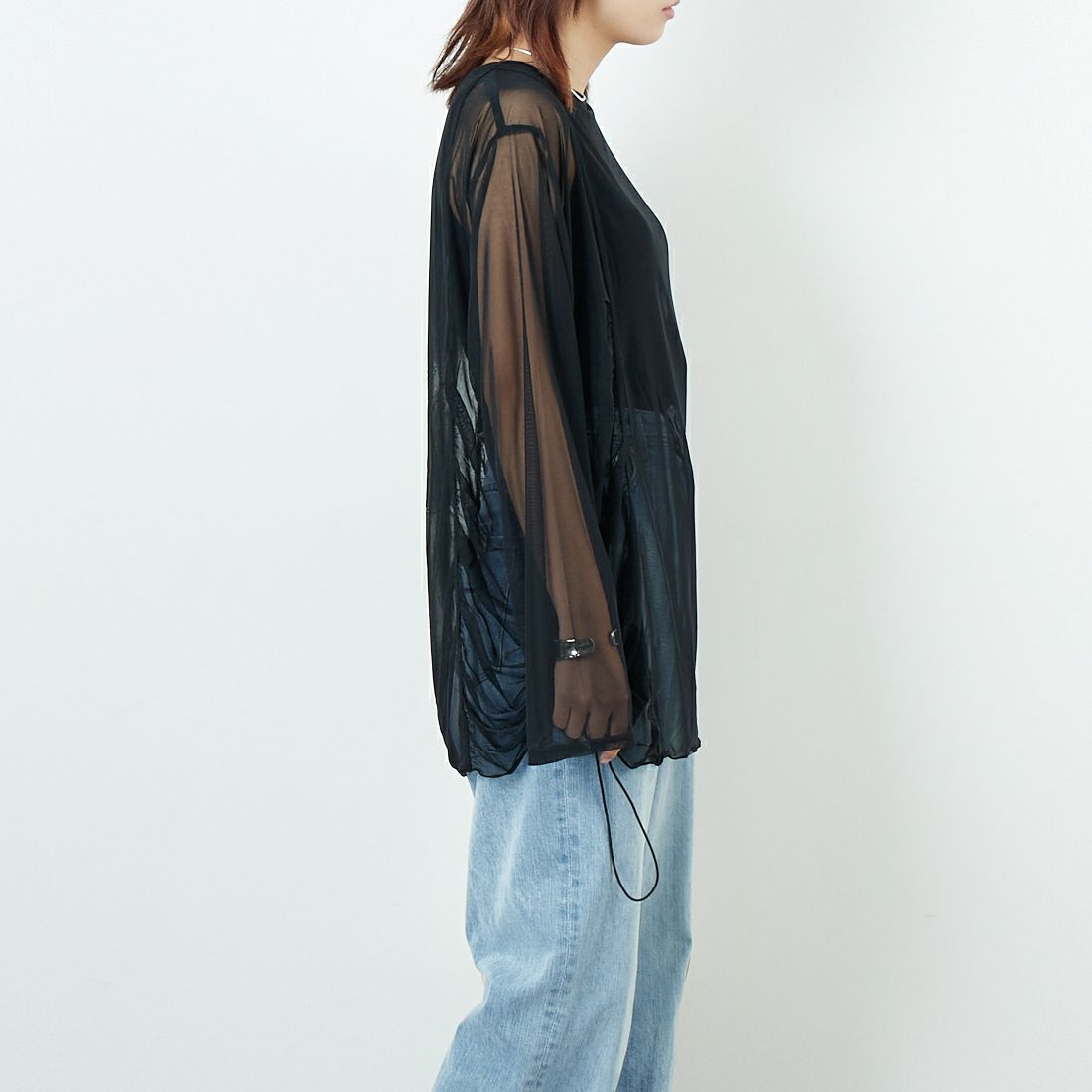 &g'aime [アンジェム] サイドギャザーシアーチュニック [98810-67100] ﾌﾞﾗｯｸ &&モデル身長：167cm 着用サイズ：F&&