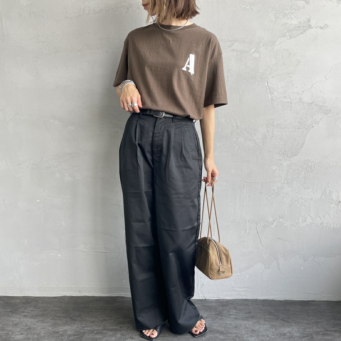 Americana [アメリカーナ] ラフィー丸胴 プリントTシャツ [BRF-750A-1] Dﾌﾞﾗｳﾝ &&モデル身長：158cm 着用サイズ：ONE SIZE&&