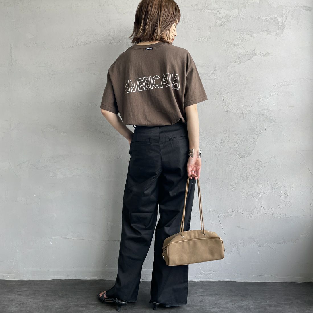 Americana [アメリカーナ] ラフィー丸胴 プリントTシャツ [BRF-750A-1] Dﾌﾞﾗｳﾝ &&モデル身長：158cm 着用サイズ：ONE SIZE&&