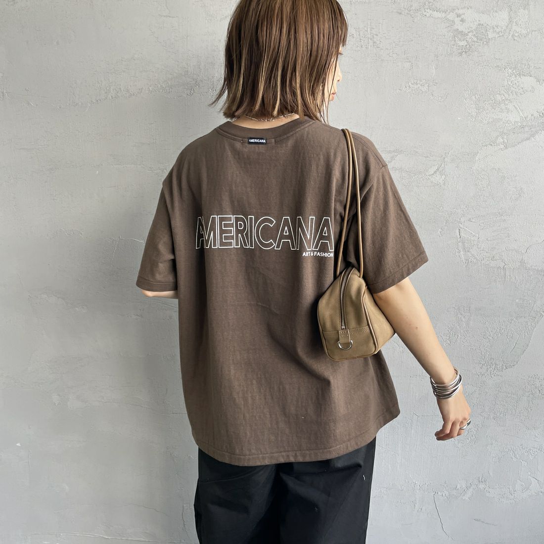 Americana [アメリカーナ] ラフィー丸胴 プリントTシャツ [BRF-750A-1] Dﾌﾞﾗｳﾝ &&モデル身長：158cm 着用サイズ：ONE SIZE&&