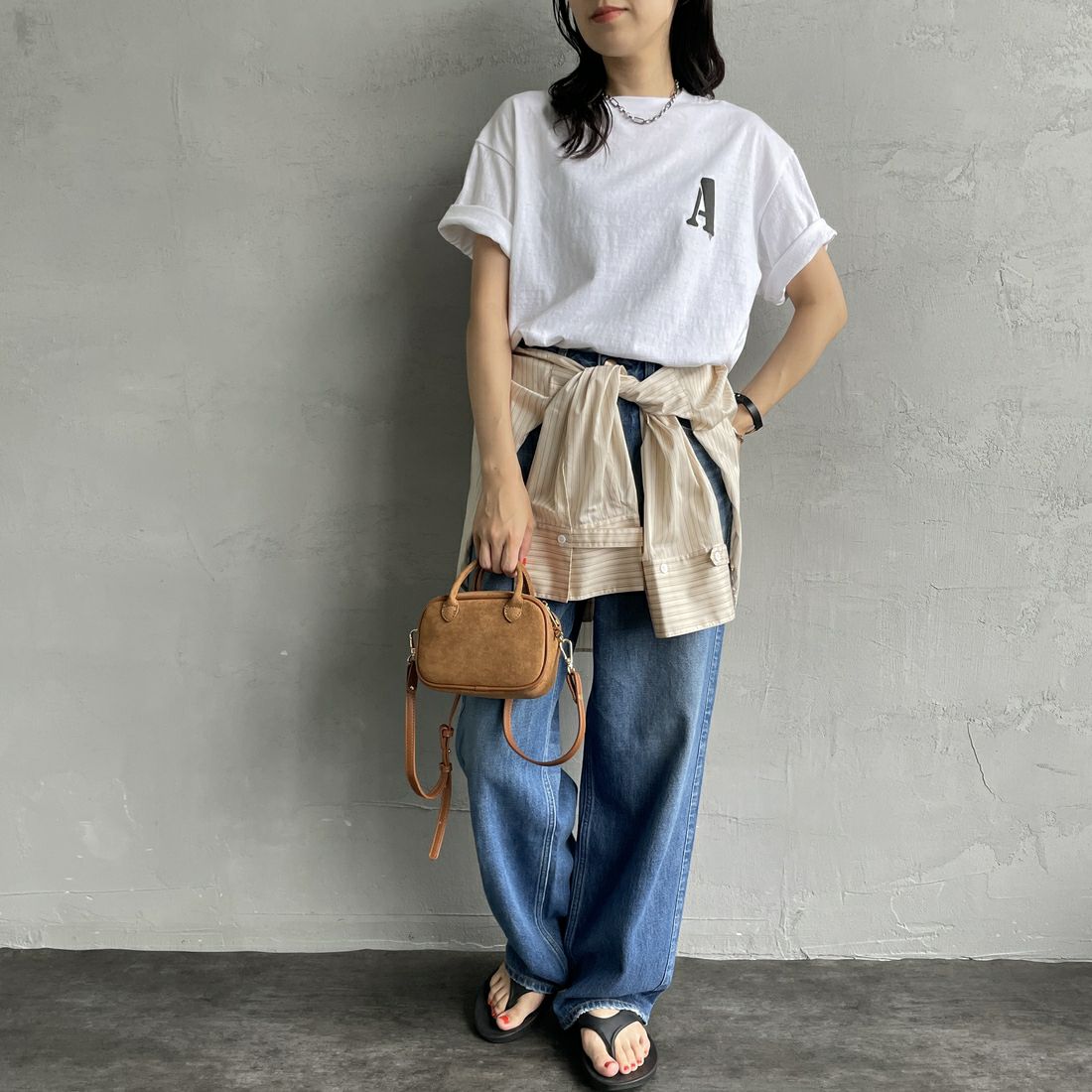 Americana [アメリカーナ] ラフィー丸胴 プリントTシャツ [BRF-750A-1] ﾎﾜｲﾄ &&モデル身長：160cm 着用サイズ：ONE SIZE&&