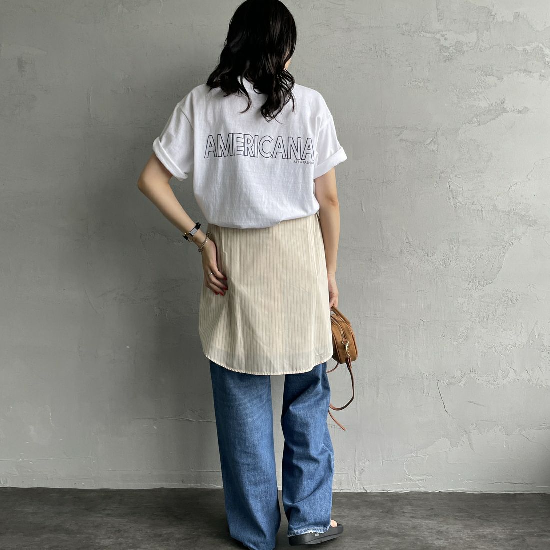Americana [アメリカーナ] ラフィー丸胴 プリントTシャツ [BRF-750A-1] ﾎﾜｲﾄ &&モデル身長：160cm 着用サイズ：ONE SIZE&&