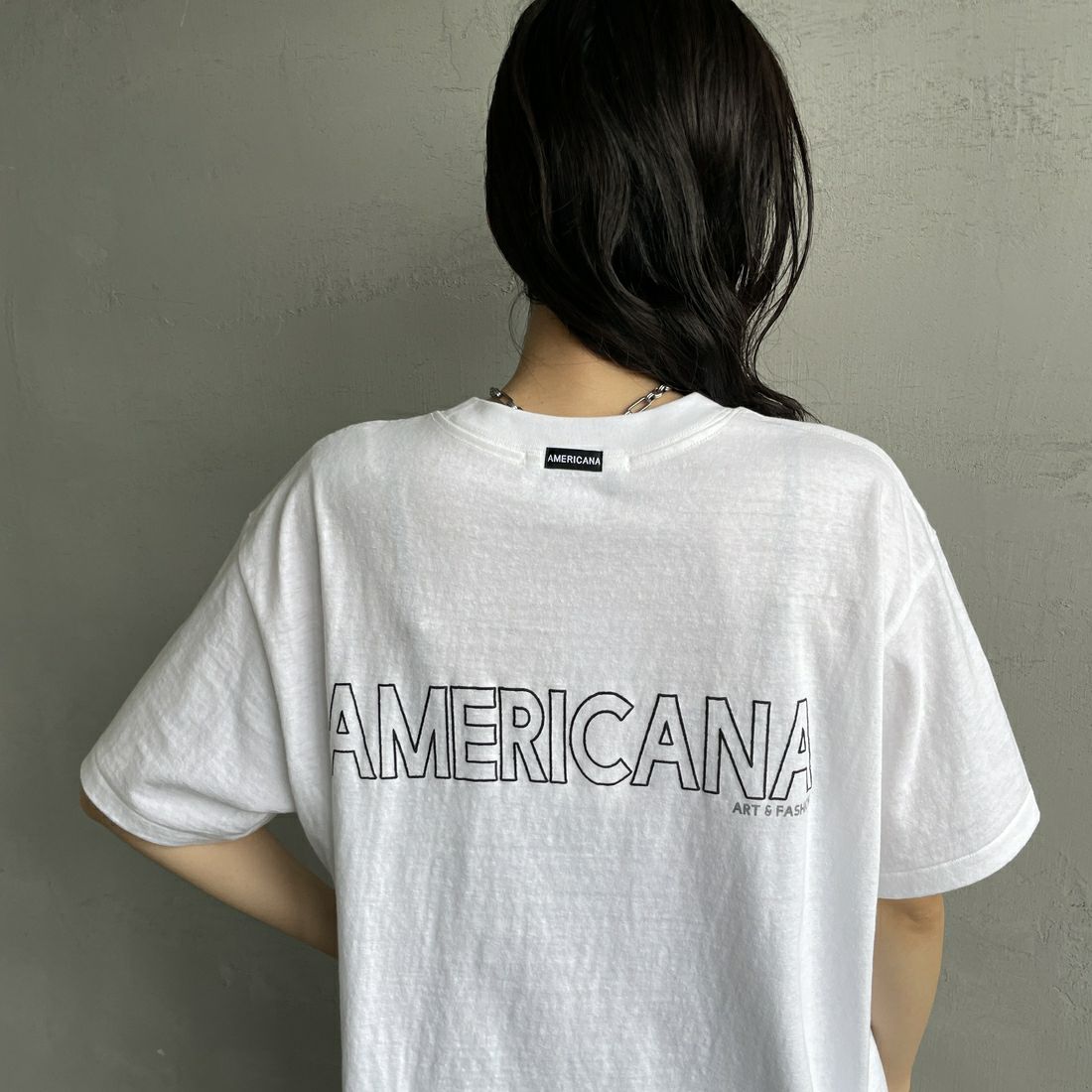 Americana [アメリカーナ] ラフィー丸胴 プリントTシャツ [BRF-750A-1] ﾎﾜｲﾄ &&モデル身長：160cm 着用サイズ：ONE SIZE&&