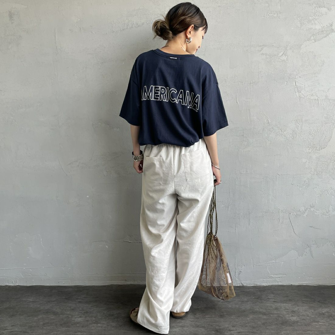 Americana [アメリカーナ] ラフィー丸胴 プリントTシャツ [BRF-750A-1] Dﾈｲﾋﾞｰ &&モデル身長：150cm 着用サイズ：ONE SIZE&&