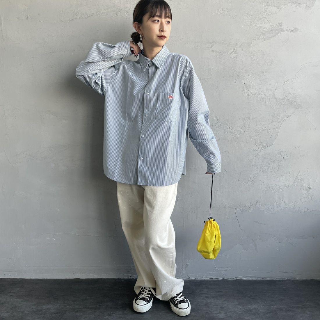 DANTON [ダントン] ドットボタン レギュラーカラー ストライプロングスリーブシャツ [DT-B0391POD] WHT/GRN ST &&モデル身長：150cm 着用サイズ：36&&