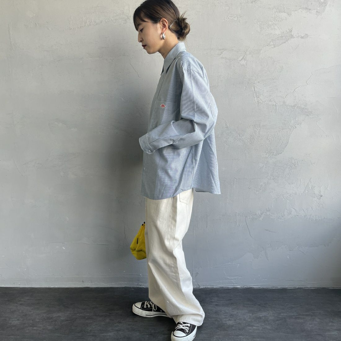 DANTON [ダントン] ドットボタン レギュラーカラー ストライプロングスリーブシャツ [DT-B0391POD] WHT/GRN ST &&モデル身長：150cm 着用サイズ：36&&