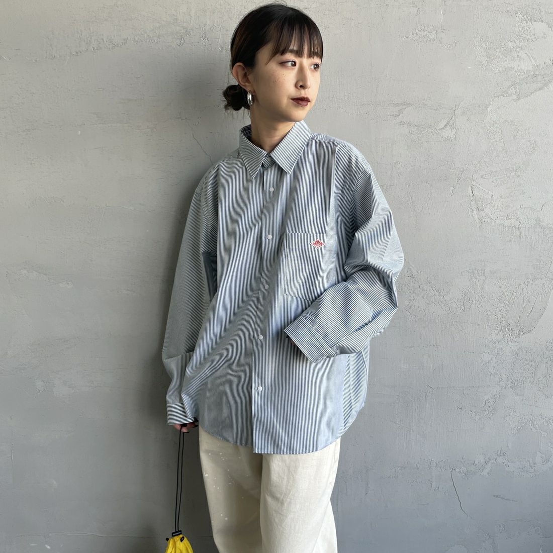 DANTON [ダントン] ドットボタン レギュラーカラー ストライプロングスリーブシャツ [DT-B0391POD] WHT/GRN ST &&モデル身長：150cm 着用サイズ：36&&