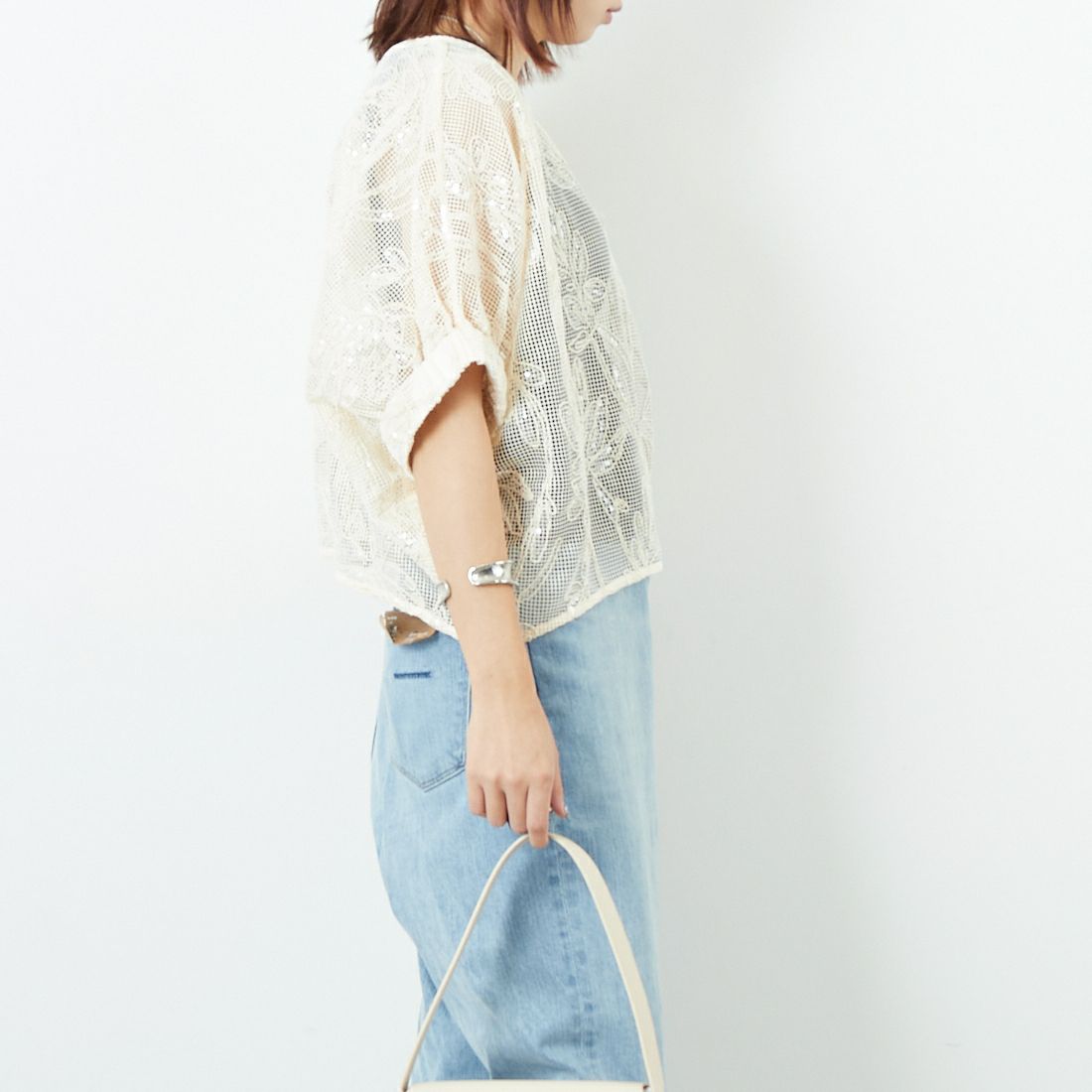 TORRAZZO DONNA [トラッゾドンナ] ボタニカルスパンコール ドルマンブラウス [6260-375] 09 IVORY &&モデル身長：167cm 着用サイズ：F&&