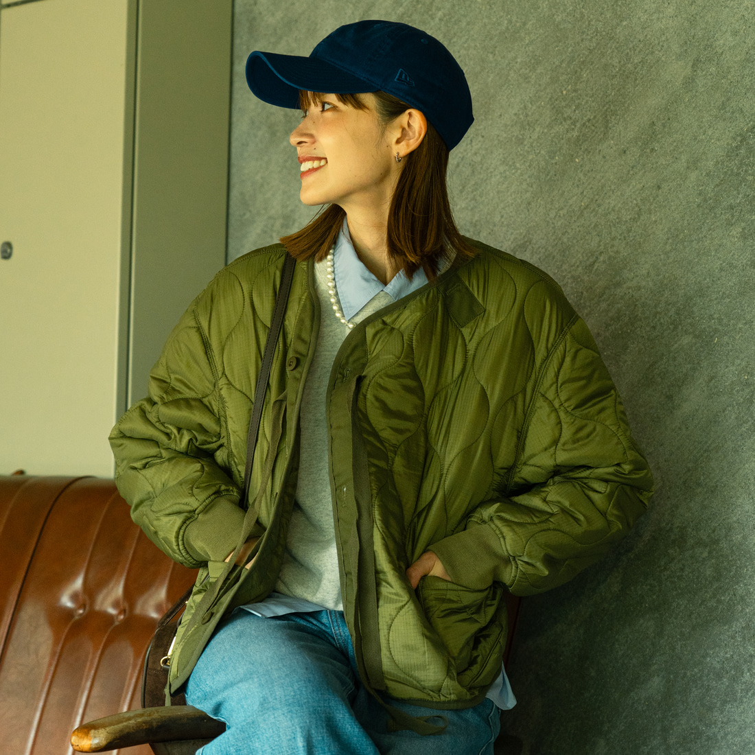 MILITARY [ミリタリー] 別注 M-65 キルティングライナージャケット [T-25789001-JF] KHAKI &&モデル身長：167cm 着用サイズ：S&&