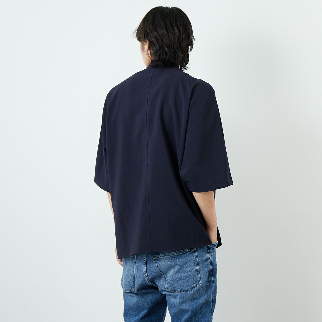 SLICK [スリック] リネンライクポプリンバンドカラーシャツ [5220111] 210 NAVY &&モデル身長：179cm 着用サイズ：2&&