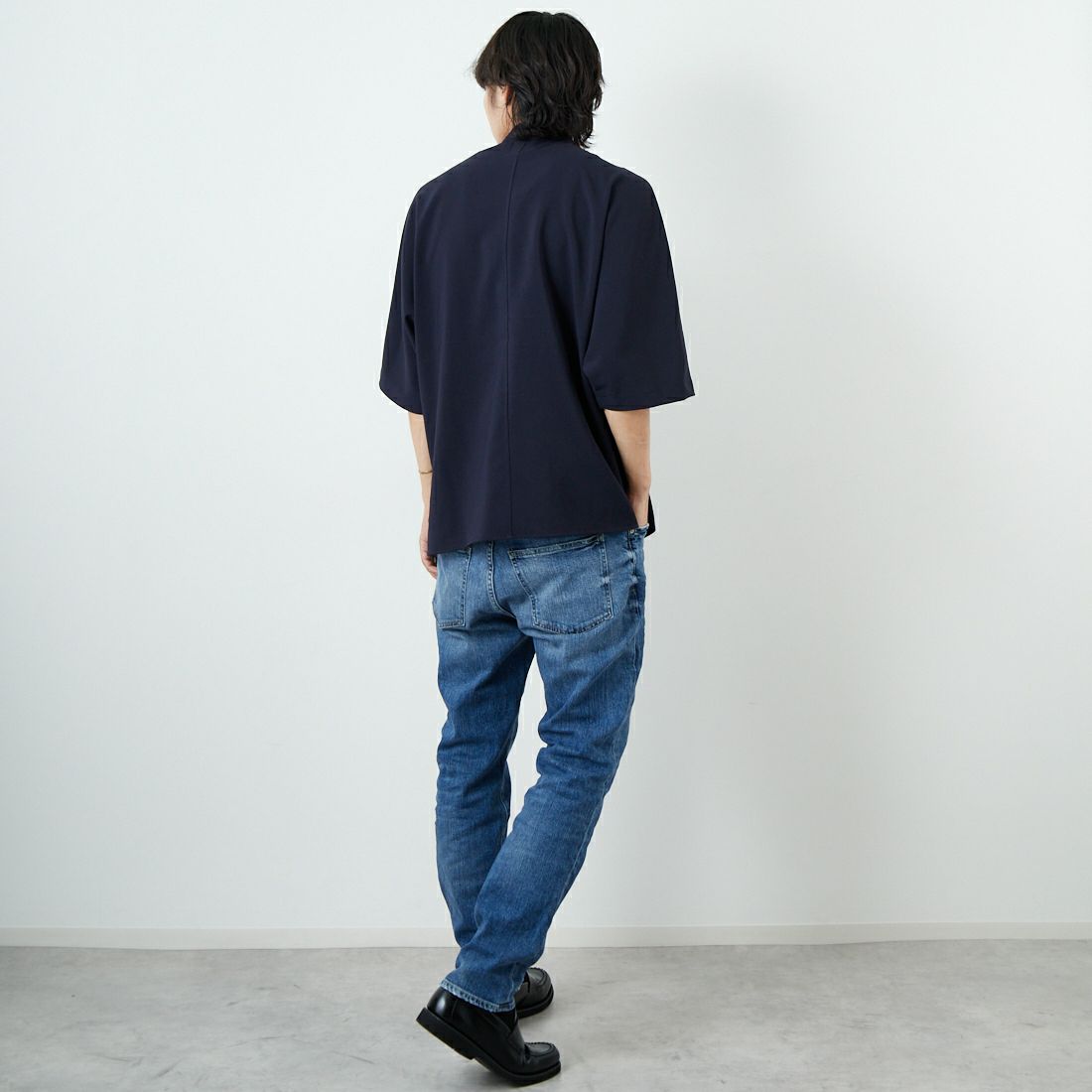 SLICK [スリック] リネンライクポプリンバンドカラーシャツ [5220111] 210 NAVY &&モデル身長：179cm 着用サイズ：2&&
