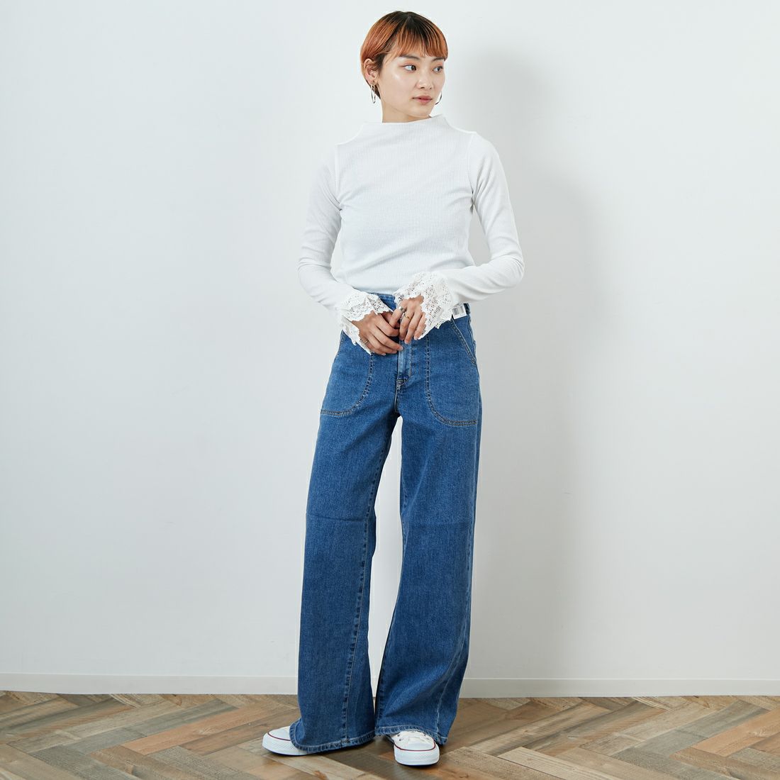 RhodolirioN [ロドリリオン] リブレースカフブルオーバーTシャツ [RV1096] A WHITE &&モデル身長：160cm 着用サイズ：0&&