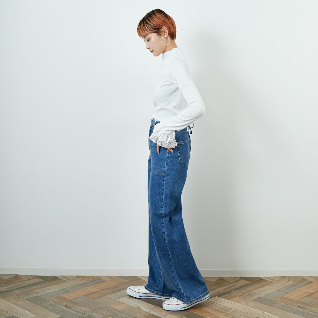 RhodolirioN [ロドリリオン] リブレースカフブルオーバーTシャツ [RV1096] A WHITE &&モデル身長：160cm 着用サイズ：0&&