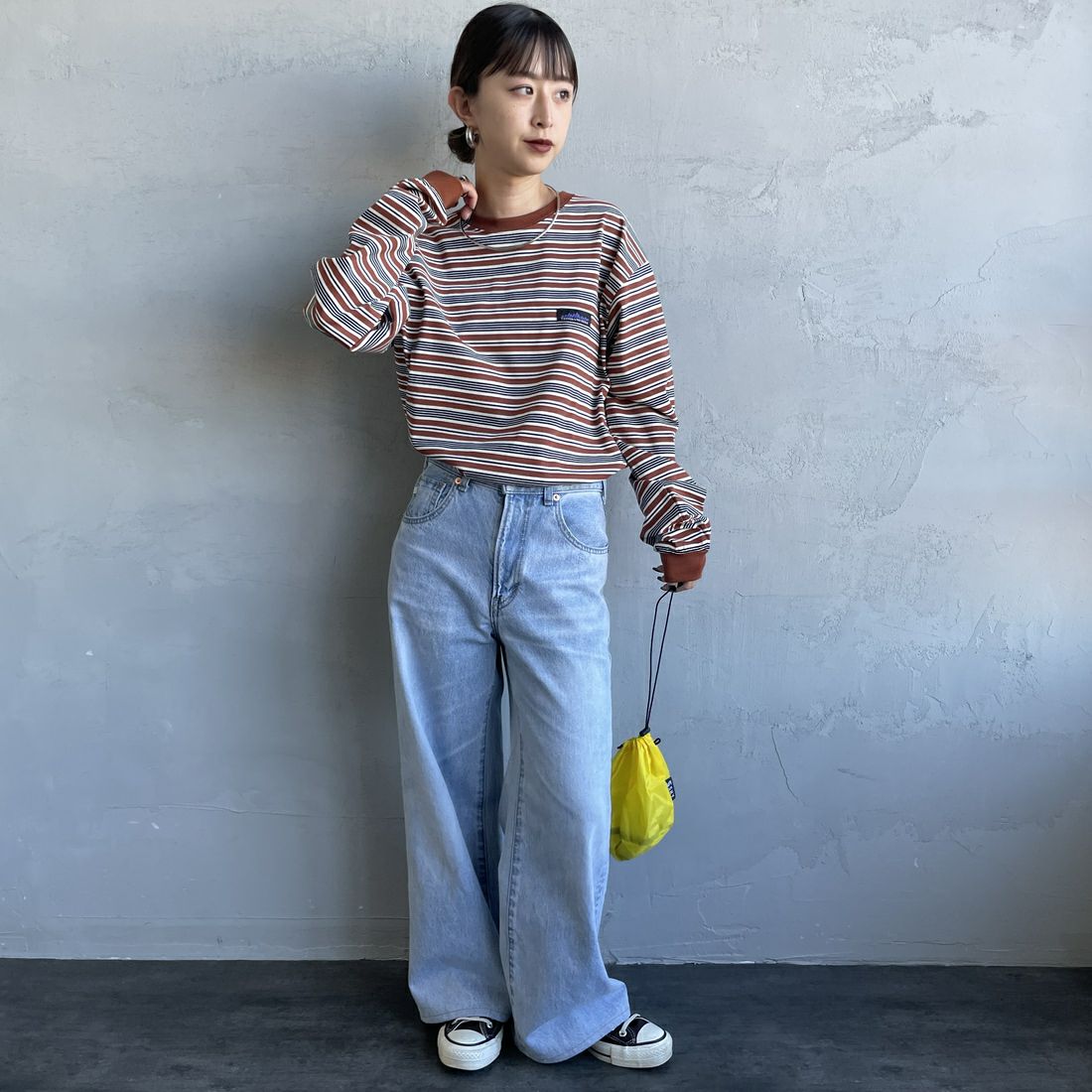 THOUSAND MILE [サウザンド マイル] ボーダーロングスリーブTシャツ [TM252TC00290] 95 BROWN &&モデル身長：150cm 着用サイズ：S&&