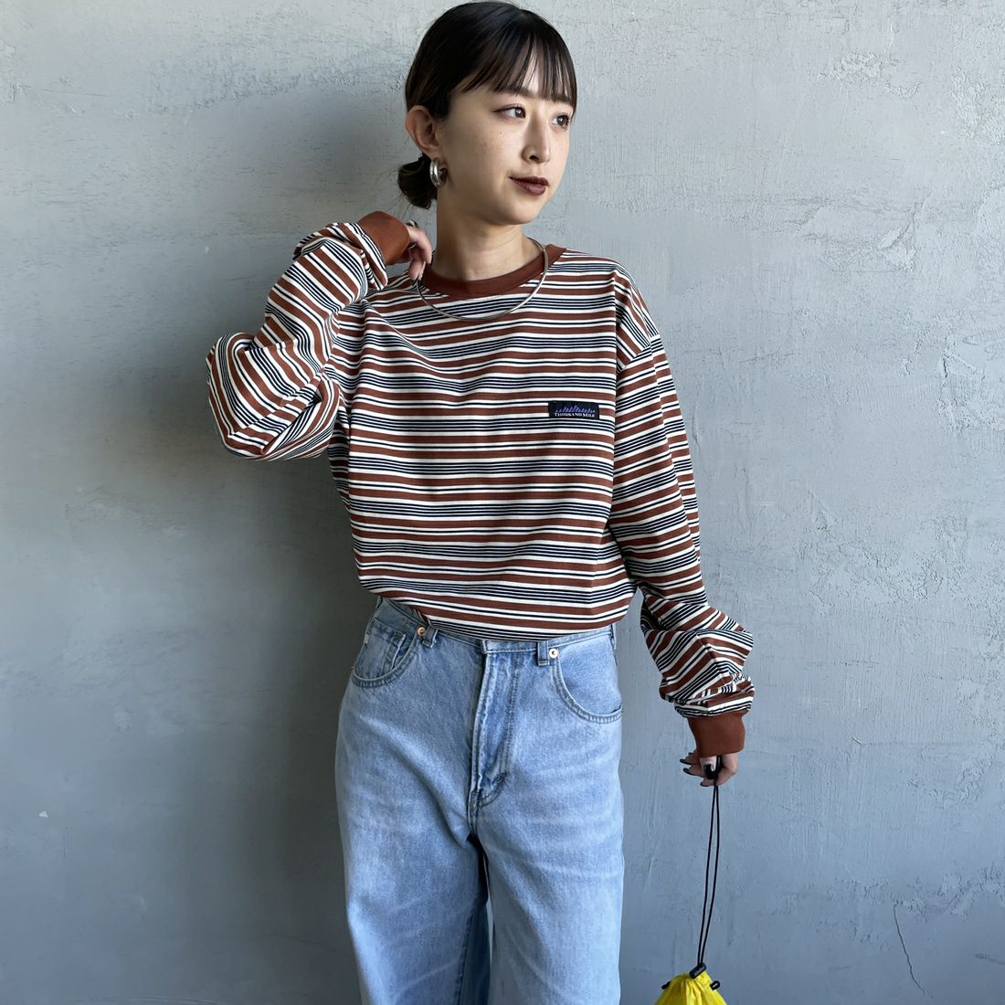 THOUSAND MILE [サウザンド マイル] ボーダーロングスリーブTシャツ [TM252TC00290] 95 BROWN &&モデル身長：150cm 着用サイズ：S&&