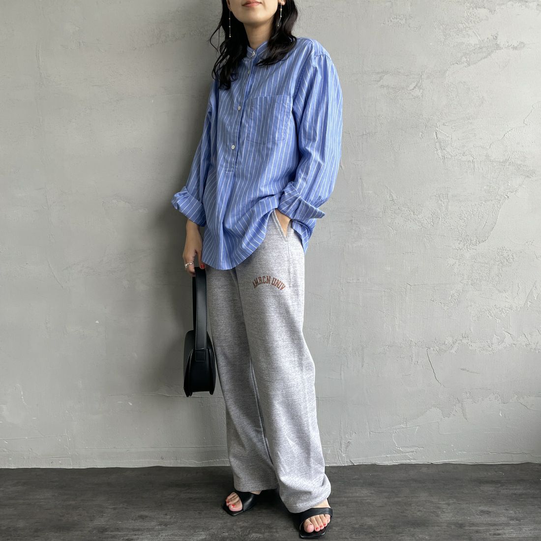 Americana × JEANS FACTORY [アメリカーナ × ジーンズファクトリー] 別注 カレッジロゴ スウェットパンツ [BRF-788A-1-JF] ﾓｸｸﾞﾚｰ &&モデル身長：160cm 着用サイズ：ONE SIZE&&