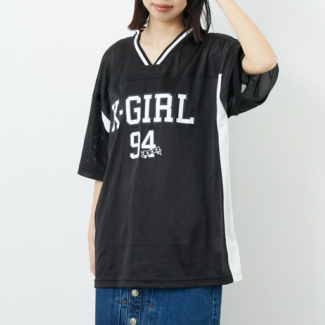 X-girl [エックスガール] フットボールメッシュTシャツワンピース [105253041001] BLACK &&モデル身長：162cm 着用サイズ：ONE SIZE&&