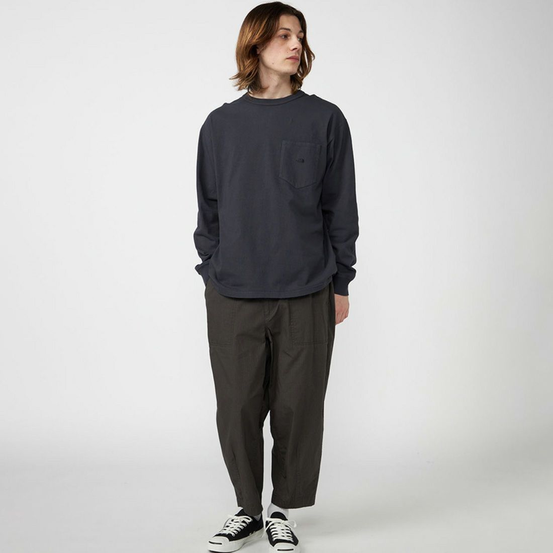 THE NORTH FACE PURPLE LABEL [ザ ノースフェイス パープルレーベル] 8オンスフィールド ロングスリーブポケットTシャツ [N25FT063] AH ASPHALT &&モデル身長：179cm 着用サイズ：M&&