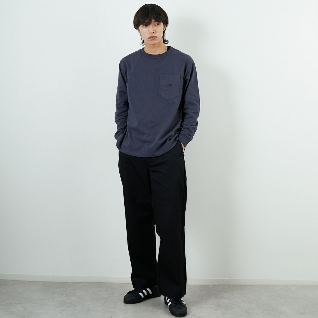 THE NORTH FACE PURPLE LABEL [ザ ノースフェイス パープルレーベル] 8オンスフィールド ロングスリーブポケットTシャツ [N25FT063] AH ASPHALT &&モデル身長：179cm 着用サイズ：M&&