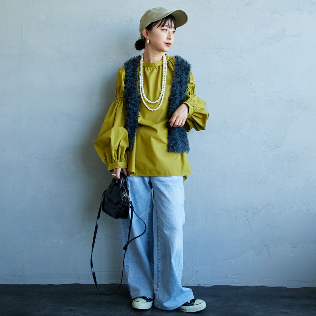 USINE [ユジーヌ] 袖ボリュームチュニックブラウス [IN2-SH-5] MUSTARD &&モデル身長：150cm 着用サイズ：F&&