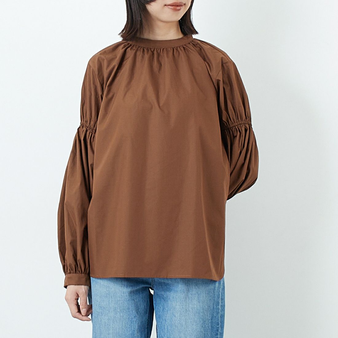 USINE [ユジーヌ] 袖ボリュームチュニックブラウス [IN2-SH-5] BROWN &&モデル身長：162cm 着用サイズ：F&&