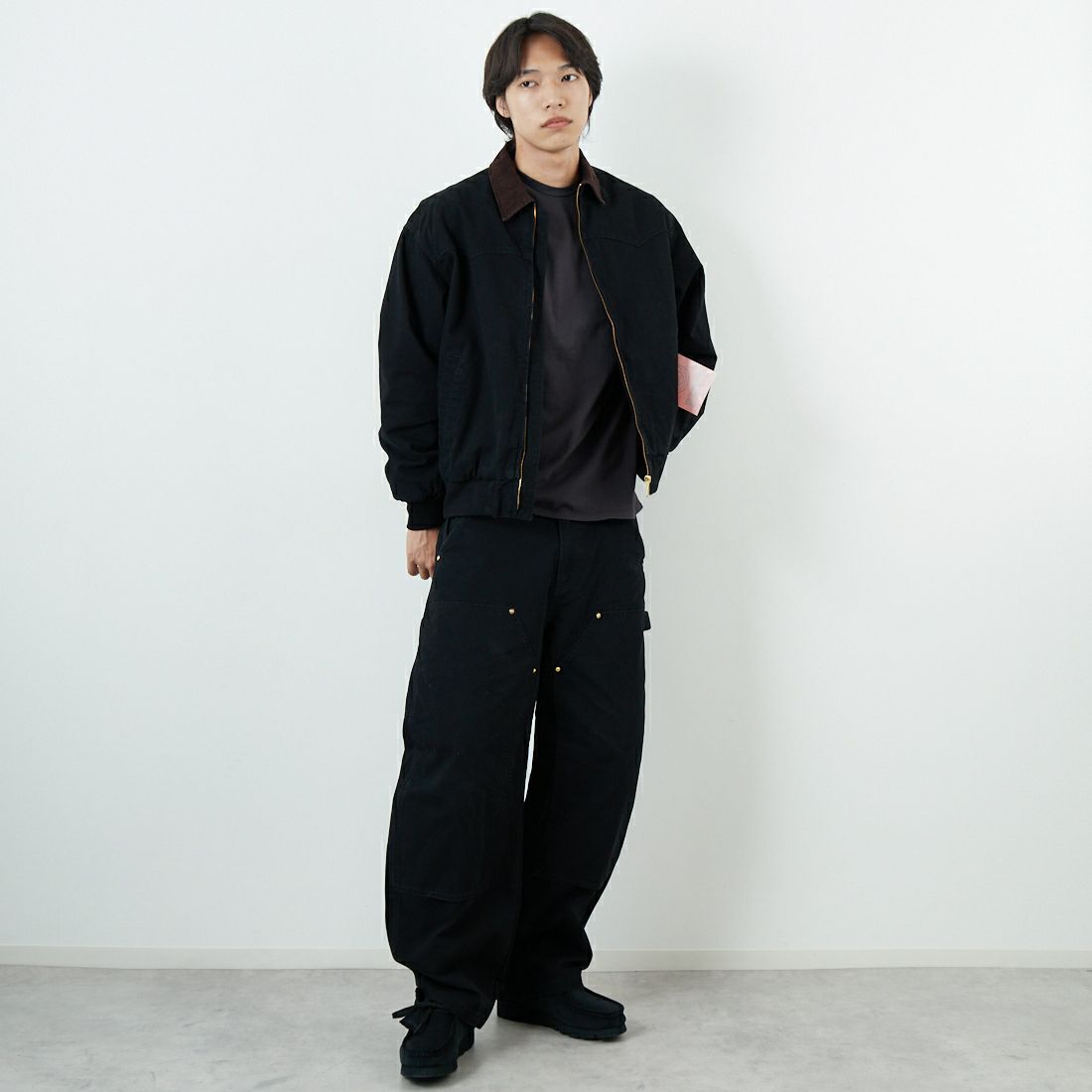 Jeans Factory Clothes [ジーンズファクトリークローズ] STANDARD ダブルニーダックカーブペインターパンツ [JFC-254-064] BLACK &&モデル身長：179cm 着用サイズ：L&&