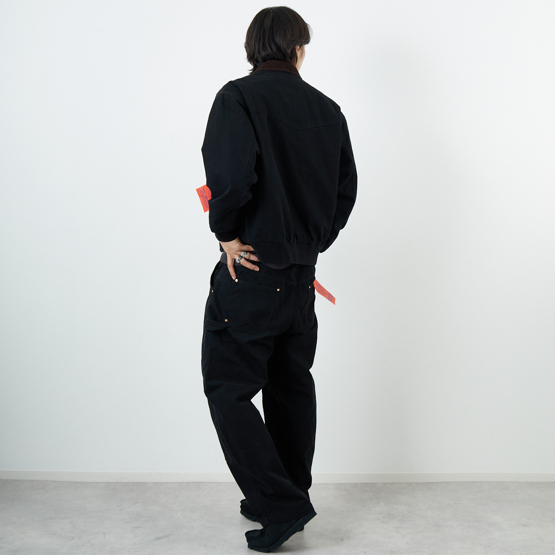 Jeans Factory Clothes [ジーンズファクトリークローズ] STANDARD ダブルニーダックカーブペインターパンツ [JFC-254-064] BLACK &&モデル身長：179cm 着用サイズ：L&&