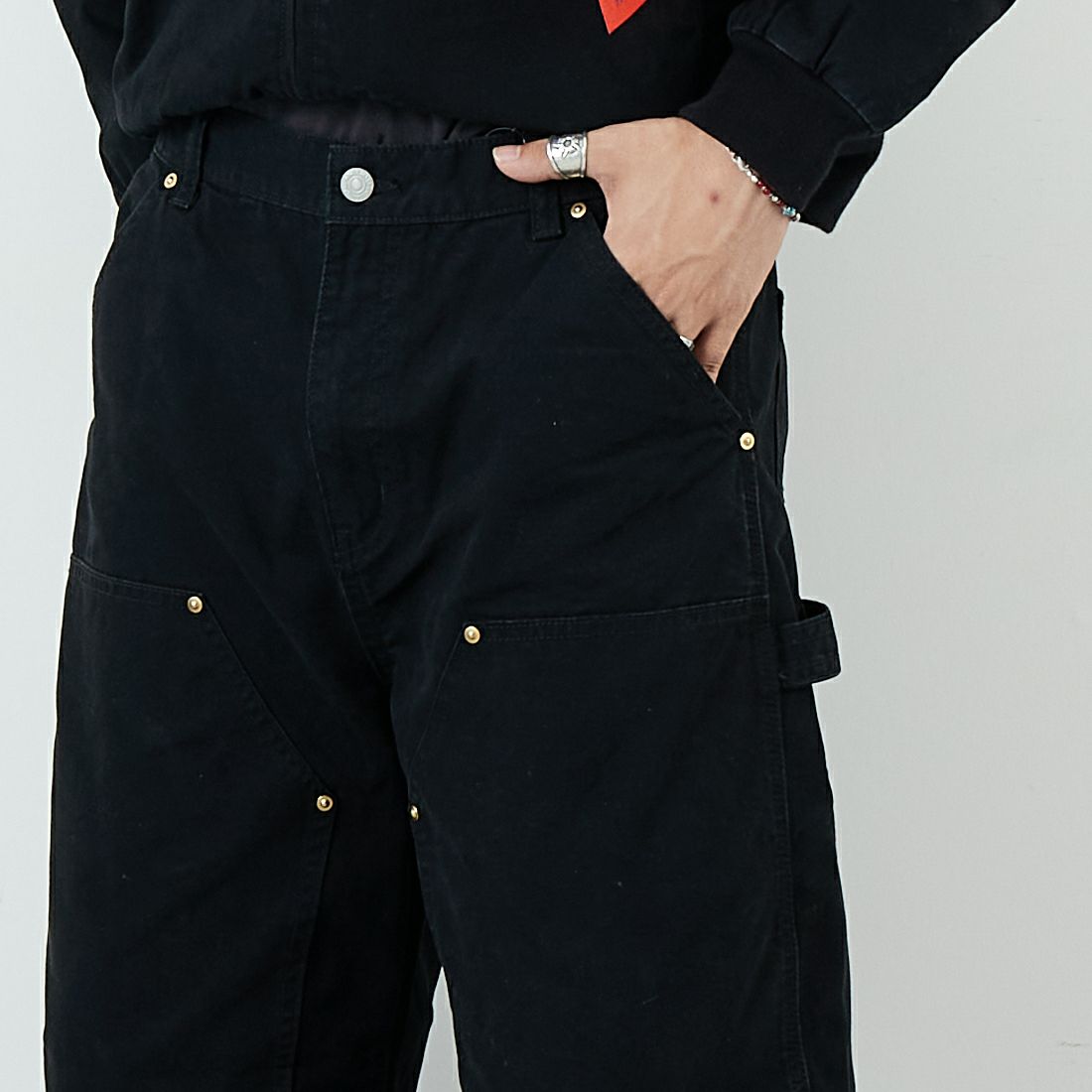 Jeans Factory Clothes [ジーンズファクトリークローズ] STANDARD ダブルニーダックカーブペインターパンツ [JFC-254-064] BLACK &&モデル身長：179cm 着用サイズ：L&&