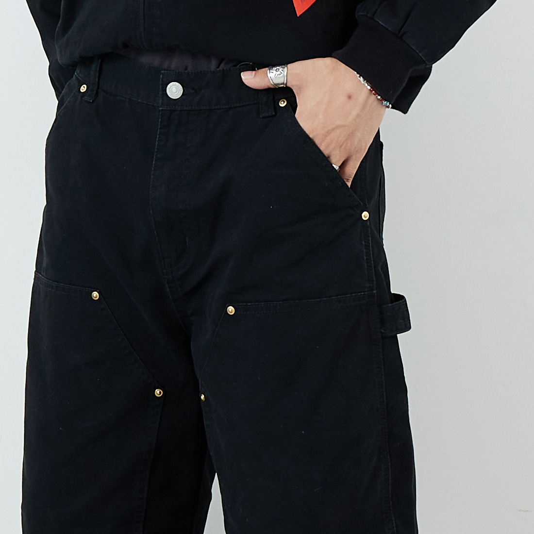Jeans Factory Clothes [ジーンズファクトリークローズ] STANDARD ダブルニーダックカーブペインターパンツ [JFC-254-064] BLACK &&モデル身長：179cm 着用サイズ：L&&
