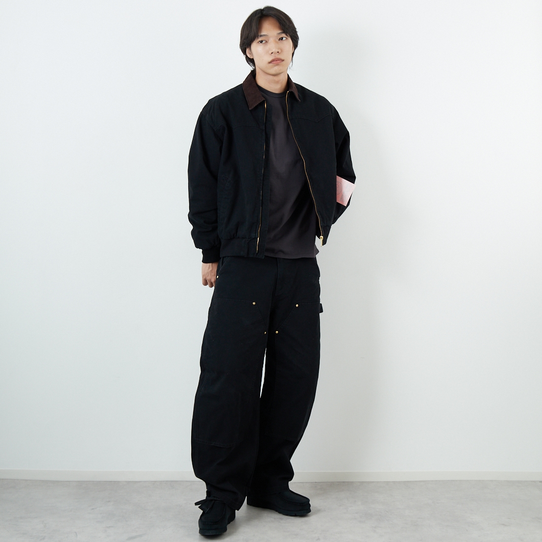 Jeans Factory Clothes [ジーンズファクトリークローズ] STANDARD ダックサンタフェワークジャケット [JFC-254-065] BLACK &&モデル身長：179cm 着用サイズ：S&&