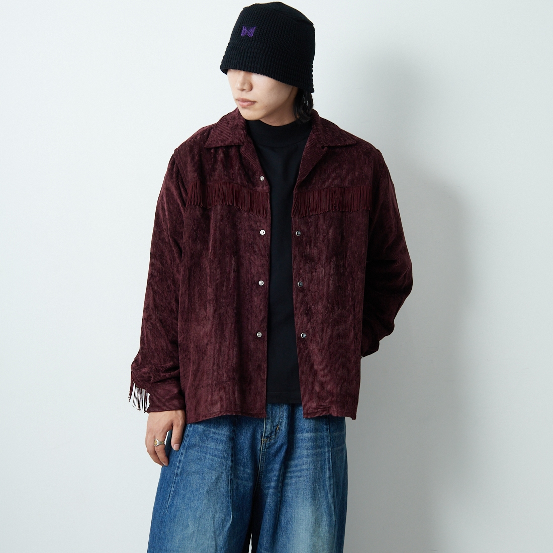 Needles [ニードルズ] フリンジオープンカラーシャツ [RW261] B BURGUNDY &&モデル身長：179cm 着用サイズ：M&&