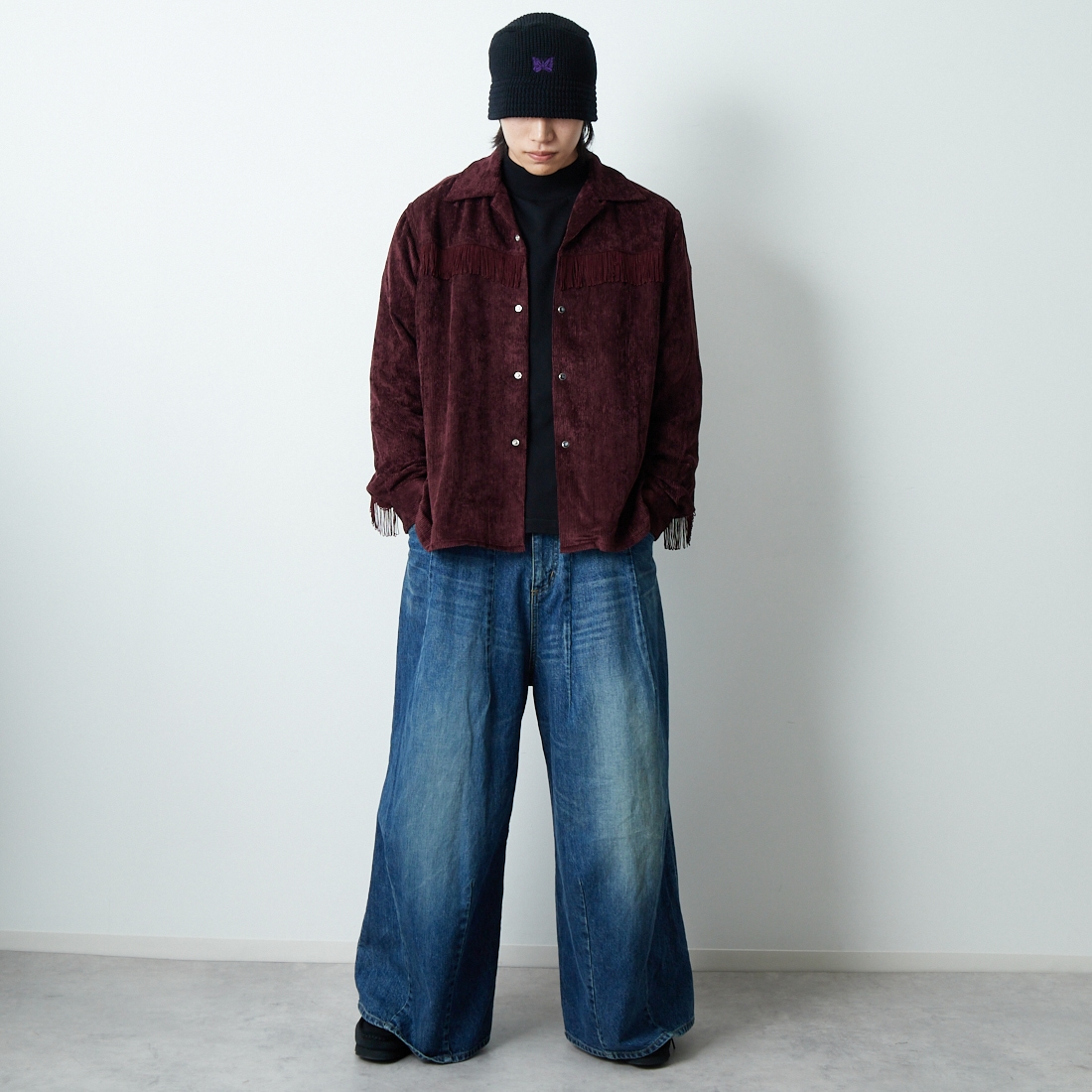 Needles [ニードルズ] フリンジオープンカラーシャツ [RW261] B BURGUNDY &&モデル身長：179cm 着用サイズ：M&&