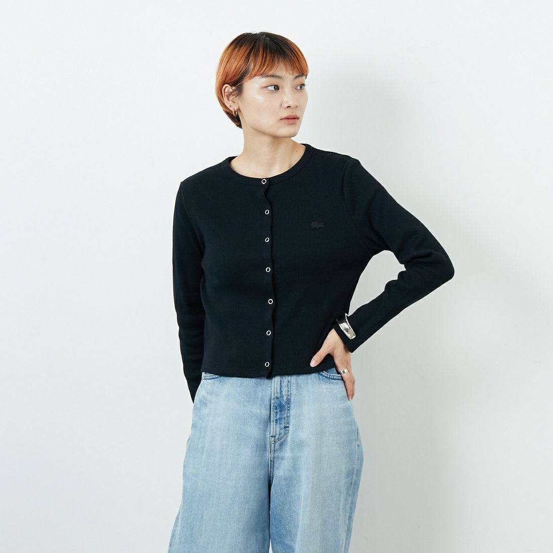 LACOSTE [ラコステ] リブジャージカーディガン [SF010] 031 BLACK &&モデル身長：160cm 着用サイズ：36&&