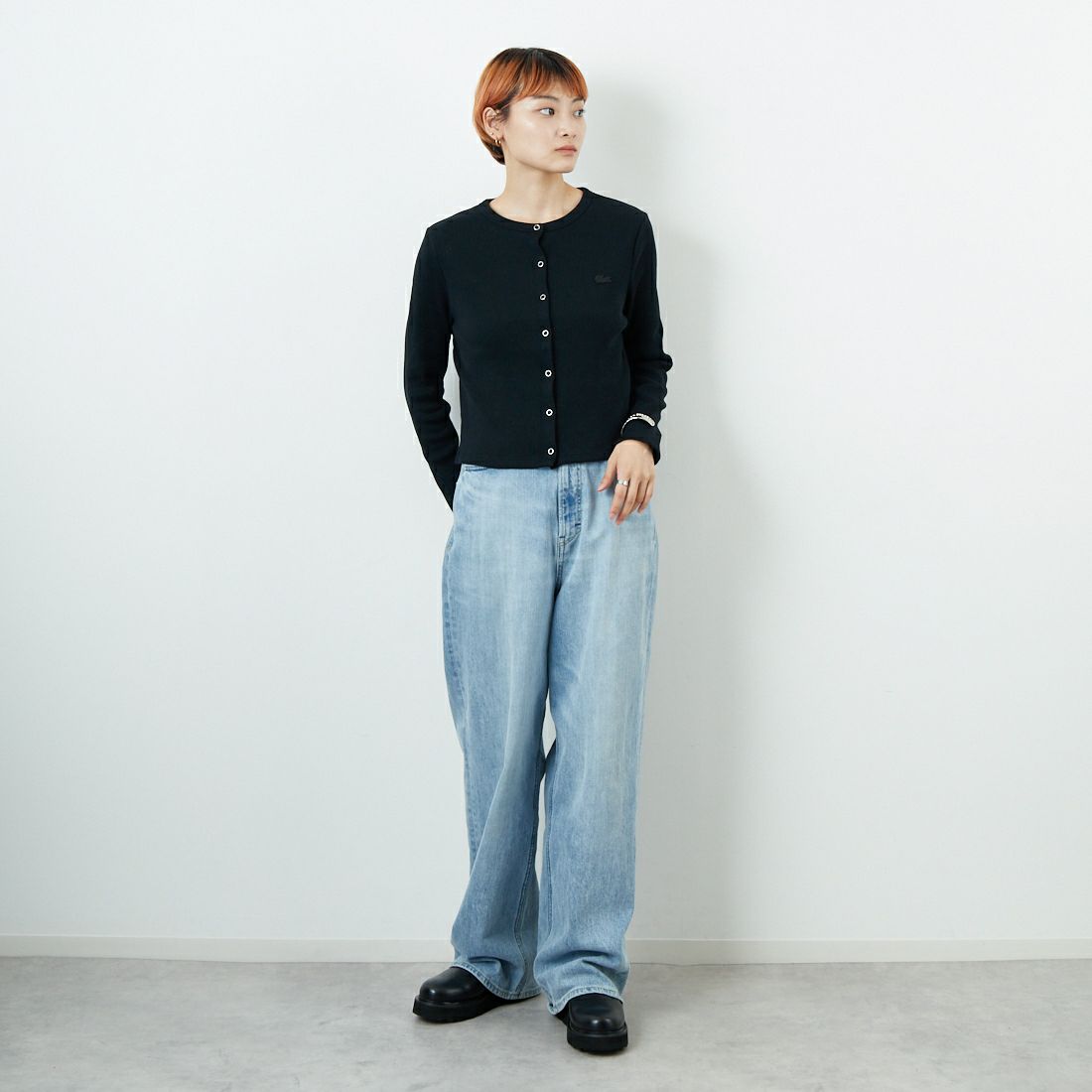 LACOSTE [ラコステ] リブジャージカーディガン [SF010] 031 BLACK &&モデル身長：160cm 着用サイズ：36&&