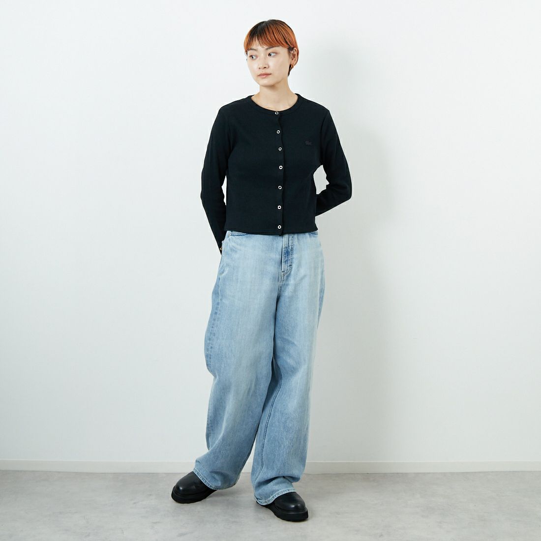 LACOSTE [ラコステ] リブジャージカーディガン [SF010] 031 BLACK &&モデル身長：160cm 着用サイズ：36&&