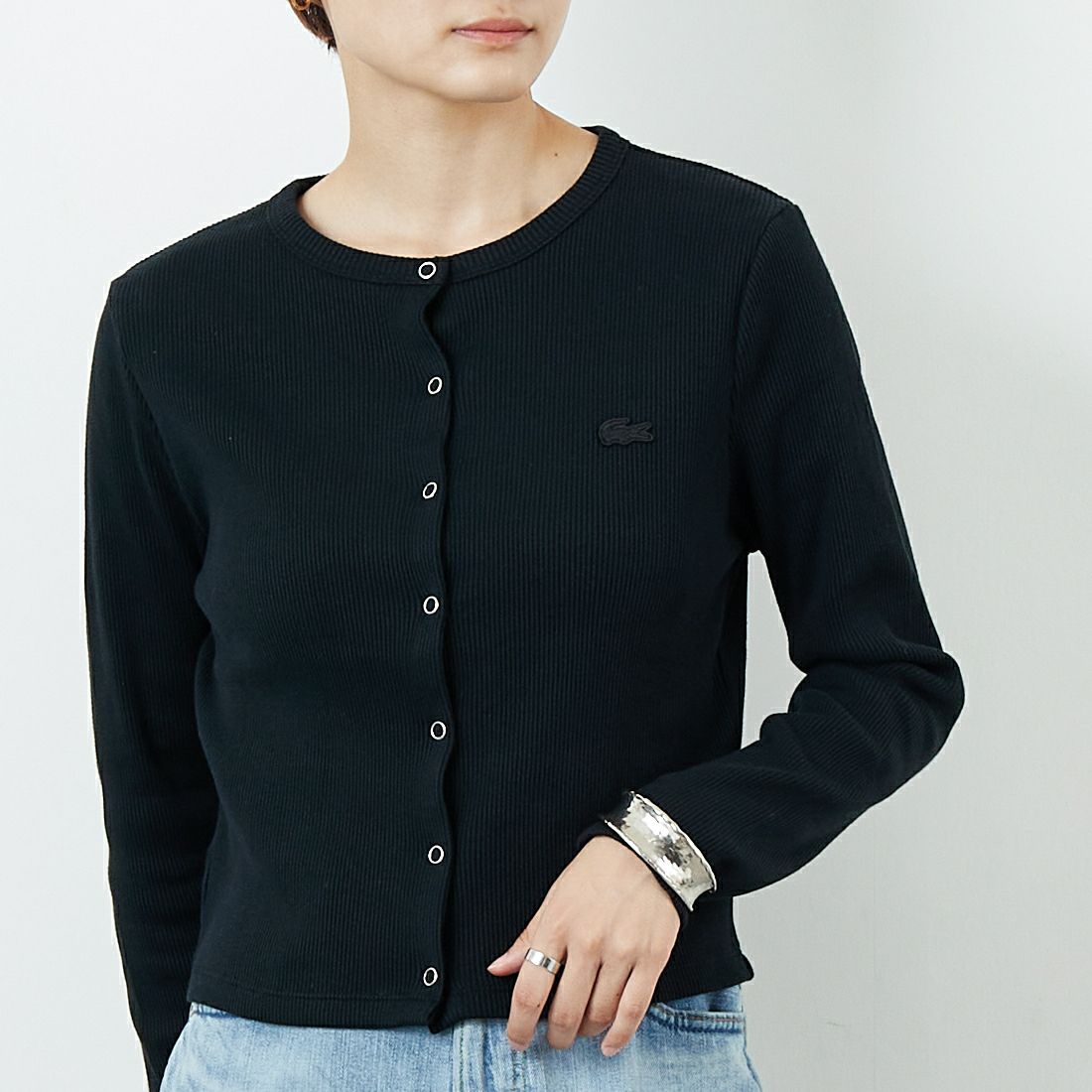 LACOSTE [ラコステ] リブジャージカーディガン [SF010] 031 BLACK &&モデル身長：160cm 着用サイズ：36&&