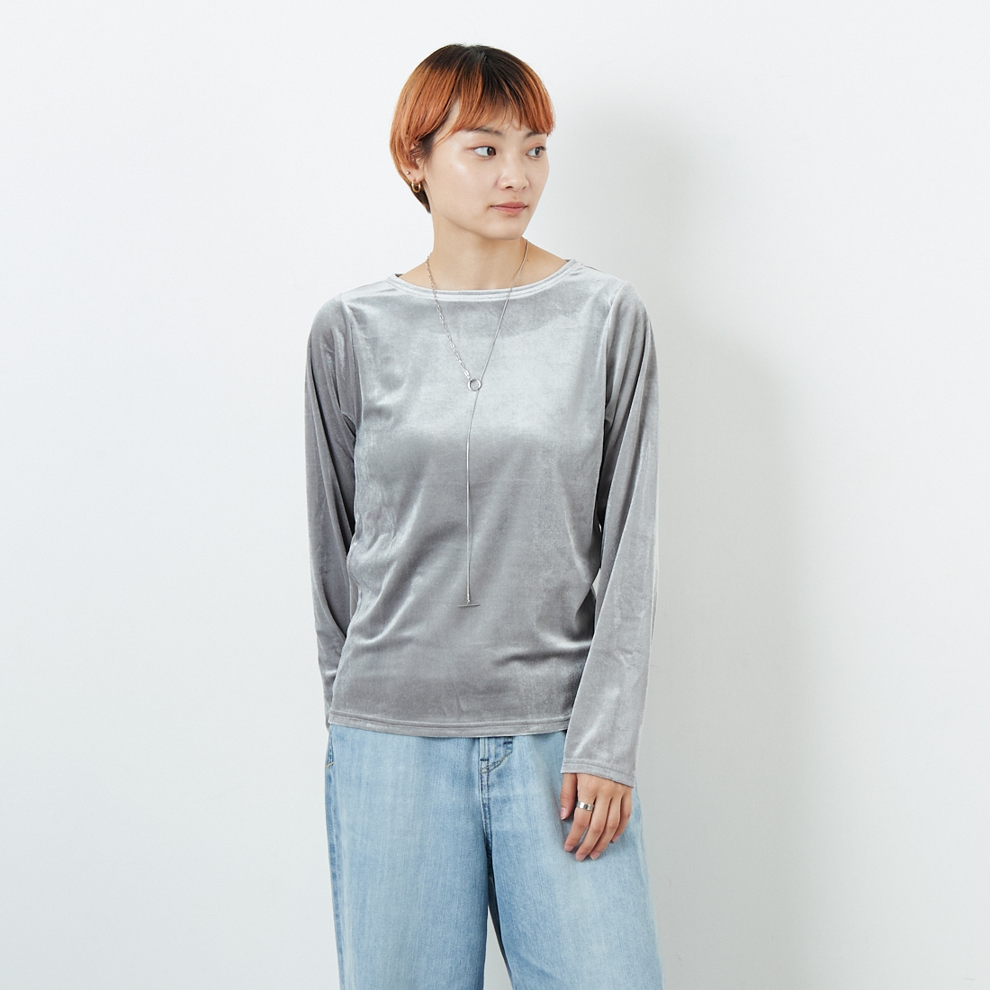 Jf Ready Made [ジェイエフレディメイド] カットベロアクルーネックTシャツ [3105101] 805 ｸﾞﾚｲ &&モデル身長：160cm 着用サイズ：F&&