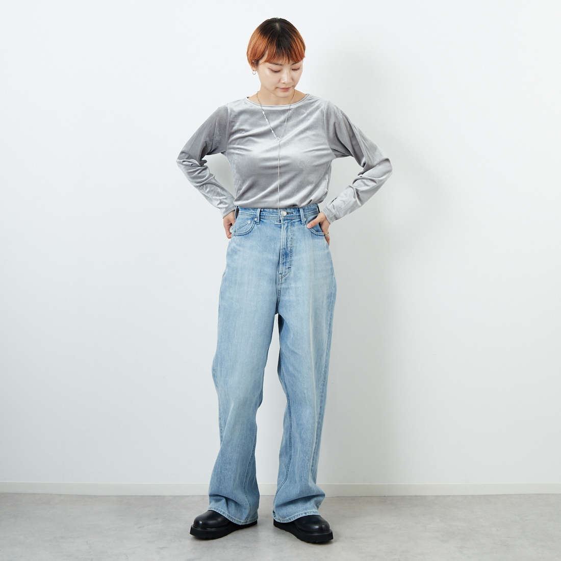 Jf Ready Made [ジェイエフレディメイド] カットベロアクルーネックTシャツ [3105101] 805 ｸﾞﾚｲ &&モデル身長：160cm 着用サイズ：F&&