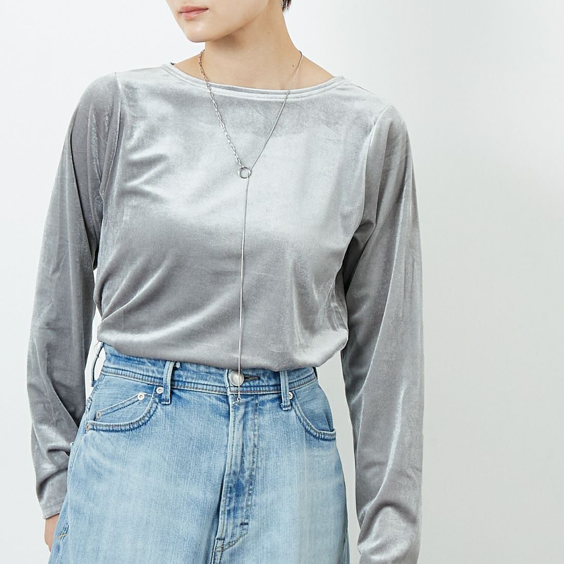 Jf Ready Made [ジェイエフレディメイド] カットベロアクルーネックTシャツ [3105101] 805 ｸﾞﾚｲ &&モデル身長：160cm 着用サイズ：F&&