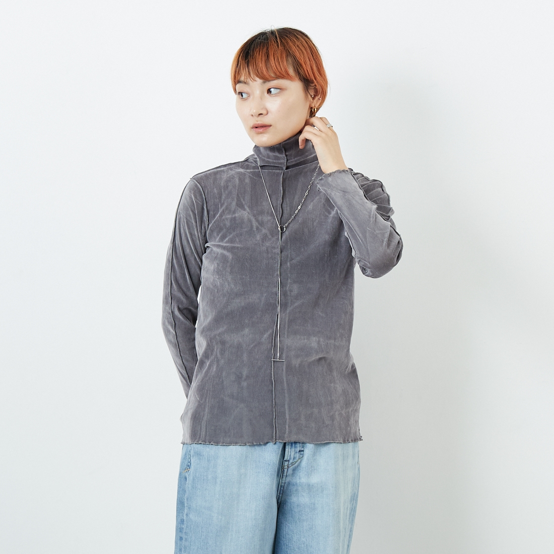Jf Ready Made [ジェイエフレディメイド] フロッキーベロアボトルネックTシャツ [3105104] 805 ｸﾞﾚｲ &&モデル身長：160cm 着用サイズ：F&&