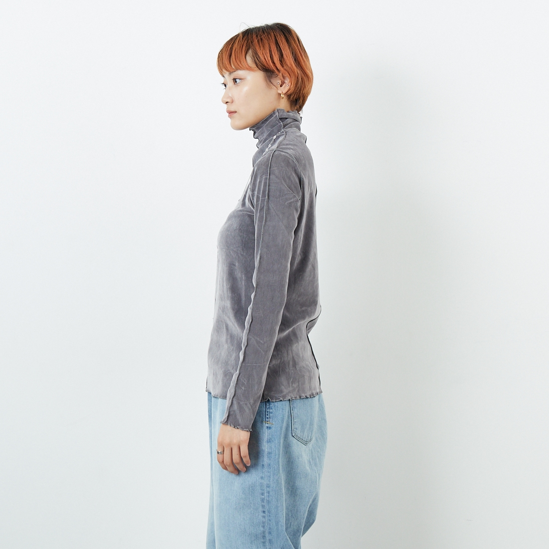 Jf Ready Made [ジェイエフレディメイド] フロッキーベロアボトルネックTシャツ [3105104] 805 ｸﾞﾚｲ &&モデル身長：160cm 着用サイズ：F&&