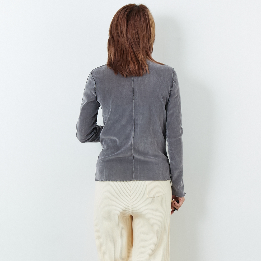 Jf Ready Made [ジェイエフレディメイド] フロッキーベロアボトルネックTシャツ [3105104] 805 ｸﾞﾚｲ &&モデル身長：167cm 着用サイズ：F&&