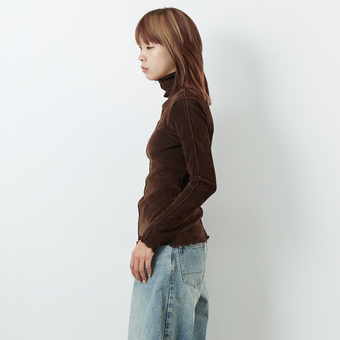 Jf Ready Made [ジェイエフレディメイド] フロッキーベロアボトルネックTシャツ [3105104] 701 ﾌﾞﾗｳﾝ &&モデル身長：167cm 着用サイズ：F&&