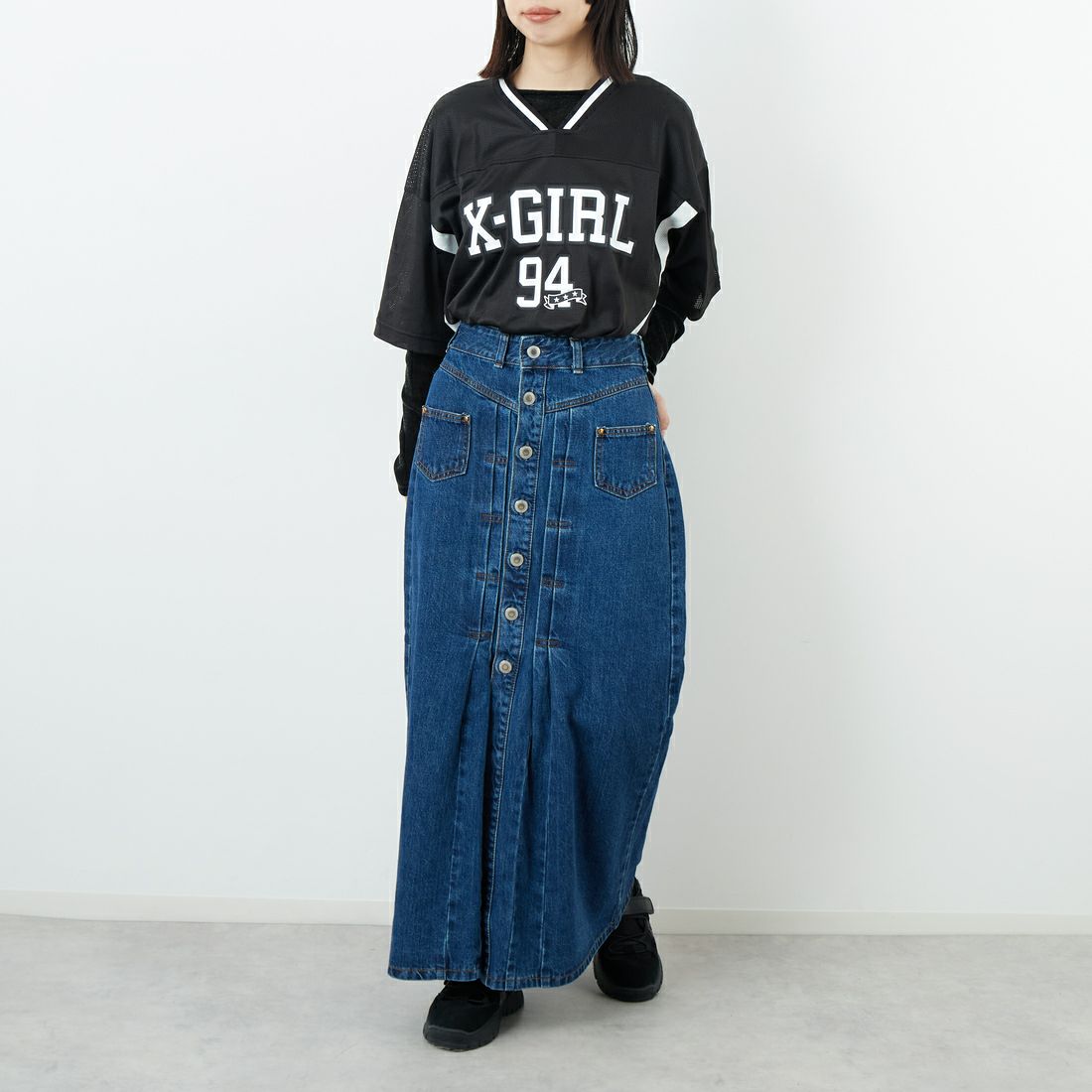 SOMETHING [サムシング] ロングデニムスカート [SA1605] 40 MID BLU &&モデル身長：162cm 着用サイズ：S&&