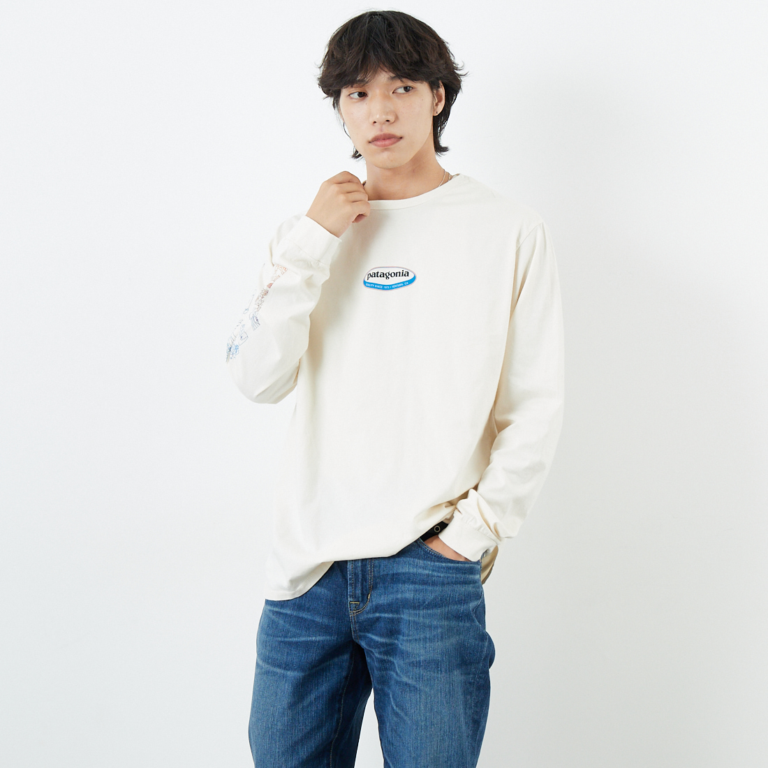 patagonia [パタゴニア] メンズ ロングスリーブ ロングウェイラウンド オーガニックTシャツ [37821] UDNL &&モデル身長：179cm 着用サイズ：M&&