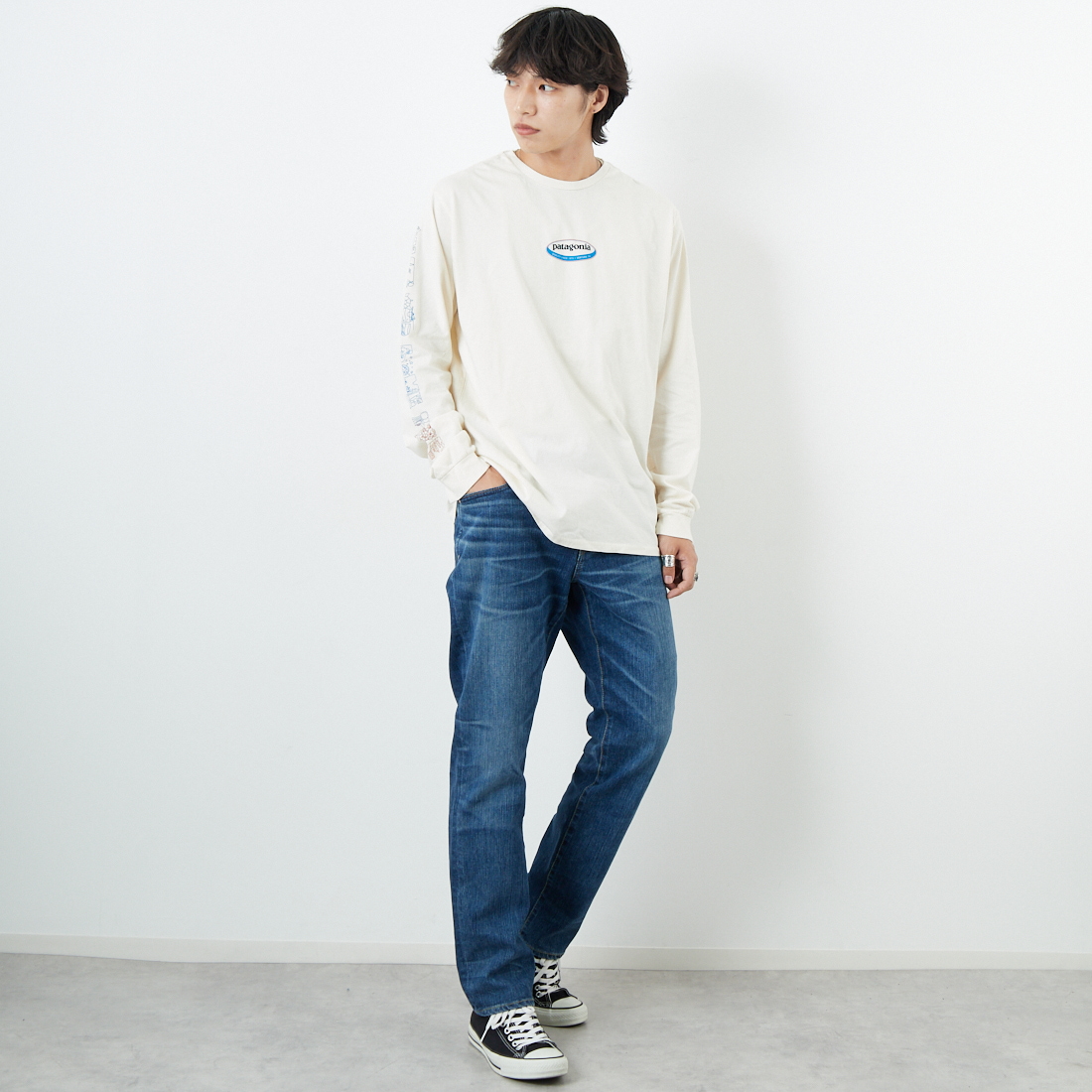 patagonia [パタゴニア] メンズ ロングスリーブ ロングウェイラウンド オーガニックTシャツ [37821] UDNL &&モデル身長：179cm 着用サイズ：M&&