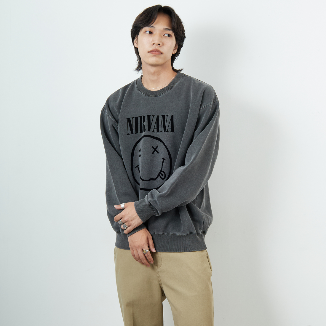 GOOD ROCK SPEED [グッドロックスピード] 別注 NIRVANA フロッキープリントスウェット [INTN-052-JF] CHARCOAL &&モデル身長：179cm 着用サイズ：XL&&